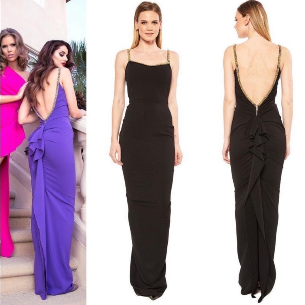 Nicole Bakti Black Crystalized Trim Ruffled Back Gown Dress Size S